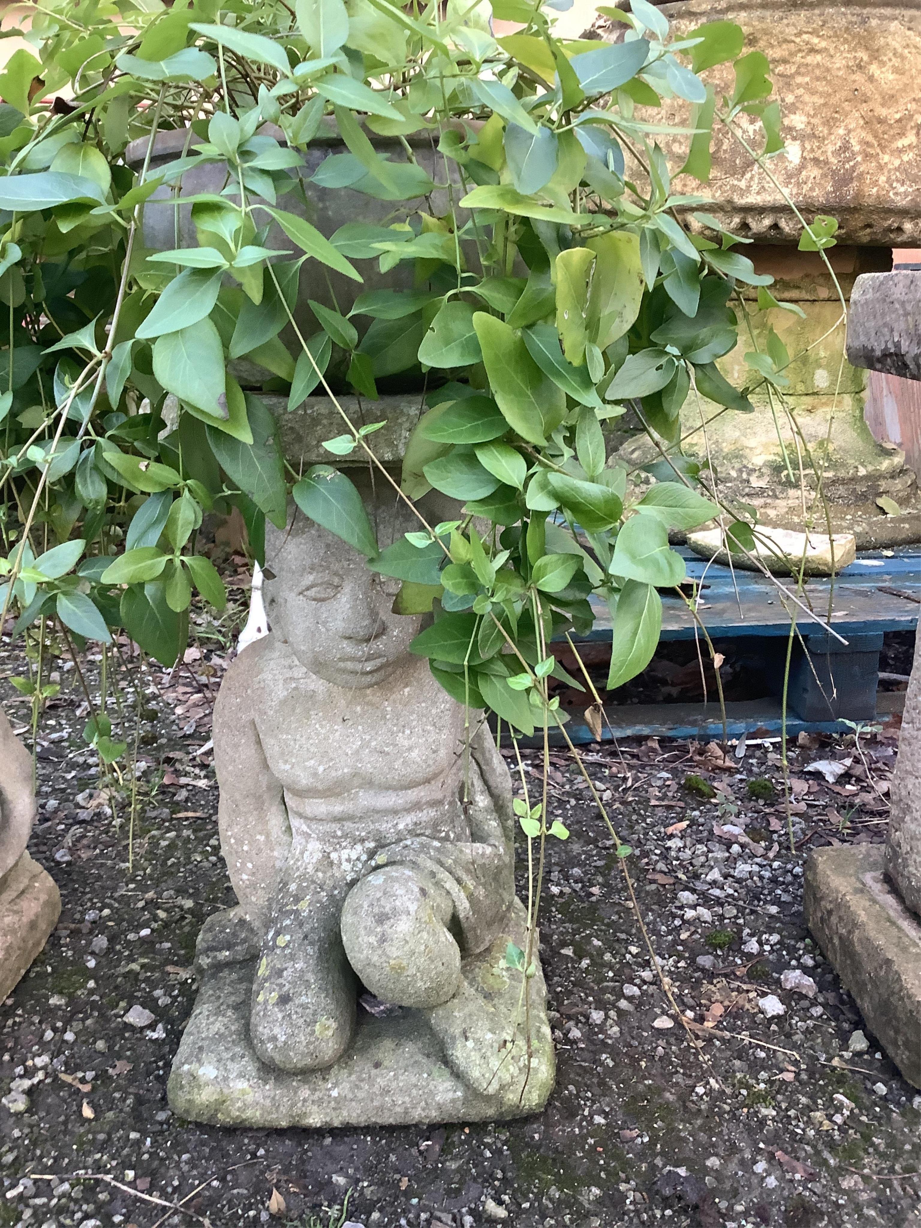 A pair of earthenware garden planters on reconstituted stone figural bases, height 72cm. Condition - fair